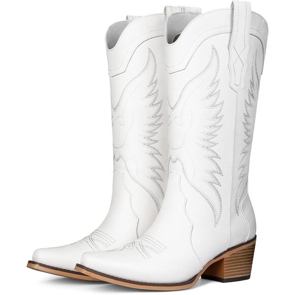 Shoes - Women's White Cowgirl Boots with Pointed Toe Mid Calf Chunky Heel Snip Toe